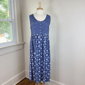 Vintage Floral Rayon Cottagecore Blue Midi Maxi Dress | Button Front Sundress